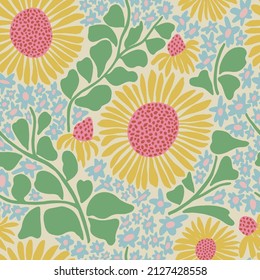 Vector hand-drawn retro sunflower illustration seamless repeat pattern fashion, home and kitchen print fabric  design digital artwork