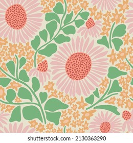 Vector hand-drawn retro sunflower illustration seamless repeat pattern fashion, home and kitchen print fabric  design digital artwork