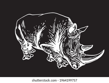 Vector hand-drawn rhino isolated on black ,dinosaur