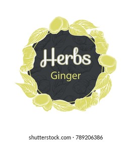 Vector hand-drawn round frame with ginger root and leaves. Ginger hand sketch vector illustration. Hand drawn botanical sketch style. Hand drawn eco design for fabric and wrap paper, packaging- tea.