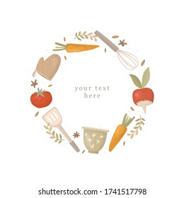 Vector hand-drawn round frame of kitchen utensils and juicy vegetables. Whisk, potholder, bowl, kitchen scraper, radish, carrots, tomato and spices. Cozy home cooking. Design template for text. 