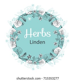 Vector hand-drawn round frame with linden flowers, herbs .Design for herbal tea,cosmetics,beauty salon, natural and organic products.