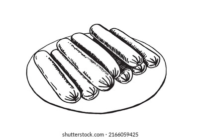 Vector hand-drawn sausages on the plate isolated on white, fast food 