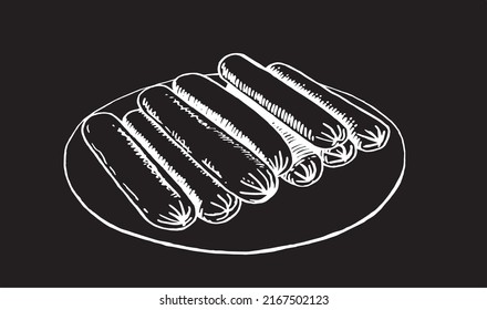 Vector hand-drawn sausages on the plate isolated on black, fast food 