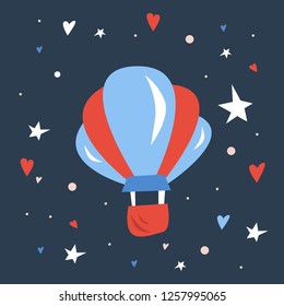 Vector handdrawn scandinavic illustration for kids of red and blue  air balloon on clear night sky with stars and hearts. Children design
