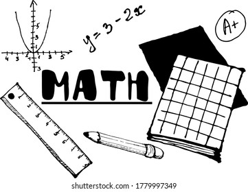 Vector hand-drawn school doodles to math. Pencil, notebook, note and grafic
