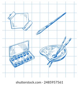 Vector hand-drawn school and drawing tools Illustration set. Detailed retro style watercolor paints, palette, brushes, paper sketch. Vintage sketch element. Back to School.