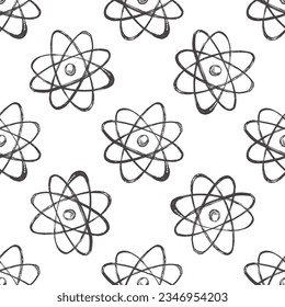 Vector hand-drawn school Illustration. Detailed retro style atomic structure seamless pattern. Vintage sketch drawing,  doodle. Back to School.