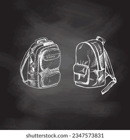 Vector hand-drawn school Illustration. Detailed retro style backpacks sketch on chalkboard background. Vintage sketch element. Back to School.