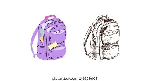 Vektorgrafik Handgezeichnete Schule Illustration. Detaillierte Retro-Stil und flache Stil Rucksack Skizze.  Zurück zur Schule.	