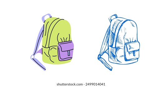 Vector hand-drawn school Illustration. Detailed retro style and flat style backpack sketch. Back to School.	