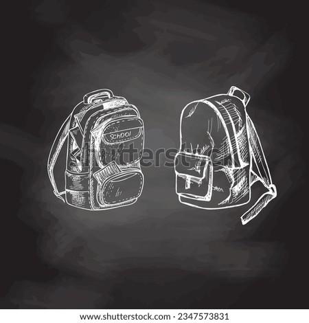Vector hand-drawn school Illustration. Detailed retro style backpacks sketch on chalkboard background. Vintage sketch element. Back to School.