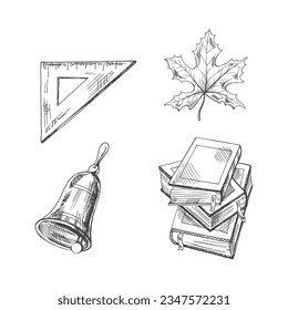 Vector hand-drawn school  Illustration set. Detailed retro style school bell, books, triangular ruler and maple leaf sketch. Vintage sketch element. Back to School.