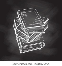 Vector hand-drawn school and office supplies Illustration on chalkboard background. Detailed retro style books sketch. Vintage sketch element. Back to School. 