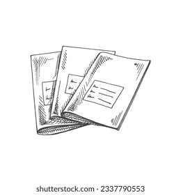 Vector hand-drawn school and office supplies Illustration. Detailed retro style notebooks sketch. Vintage sketch element. Back to School. School essential illustration.