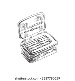 Vector hand-drawn school and office supplies Illustration. Detailed retro style school pencil case sketch. Vintage sketch element. Back to School. School essential illustration.