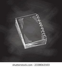 Vector hand-drawn school and office supplies Illustration. Detailed retro style notepad sketch on chalkboard background. Back to School. 