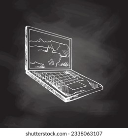 Vector hand-drawn school and office supplies Illustration. Detailed retro style laptop sketch on chalkboard background. Back to School. 
