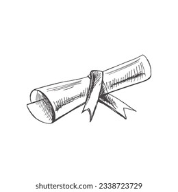 Illustration von handgezeichneten Schul- und Büromaterial. Detaillierte Retro-Scrollen mit einem Band, einer Diplomskizze. Vintage Sketch Element. Zurück zur Schule. Die Schule ist eine unverzichtbare Illustration. 