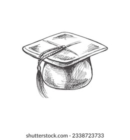 Vector hand-drawn school and office supplies Illustration. Detailed retro style graduate's hat sketch. Vintage sketch element. Back to School. School essential illustration. Desktop.