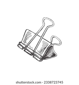 Vector hand-drawn school and office supplies Illustration. Detailed retro style binder clip sketch. Vintage sketch element. Back to School. School essential illustration. Desktop.