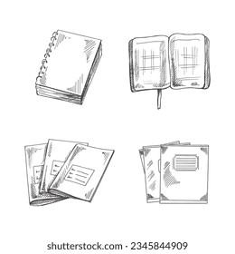 Vector hand-drawn school and office supplies Illustration set. Detailed retro style notepads and notebooks sketch. Vintage sketch element. Back to School. School essential illustration.