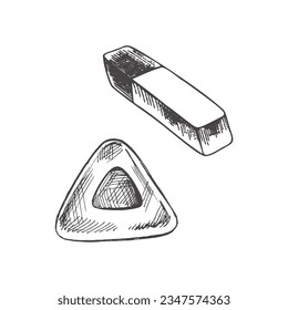 Vector hand-drawn school and office supplies Illustration set. Detailed retro style erasers sketch. Vintage sketch element. Back to School. School essential illustration.