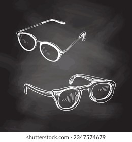 Vector hand-drawn school and office supplies Illustration set. Detailed retro style glasses sketch on chalkboard background. Vintage sketch element. Back to School. 