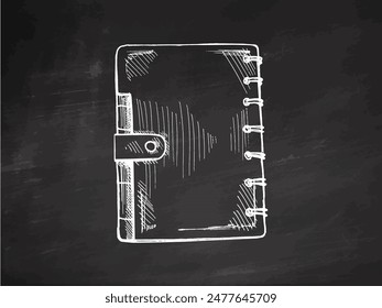 Vector hand-drawn school and office supplies Illustration. Detailed retro style notepad sketch. Vintage sketch element. Back to School. School essential illustration on chalkboard background.