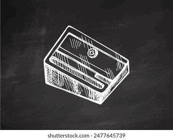 Vector hand-drawn school and office supplies Illustration. Detailed retro style sharpener sketch. Vintage sketch element. Back to School. School essential illustration on chalkboard background. 