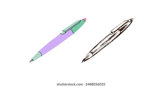 Vector dibujado a mano escuela y material de oficina Ilustración. Estilo retro detallado y boceto plano de la pluma. De vuelta a la escuela. Ilustración esencial de la escuela.