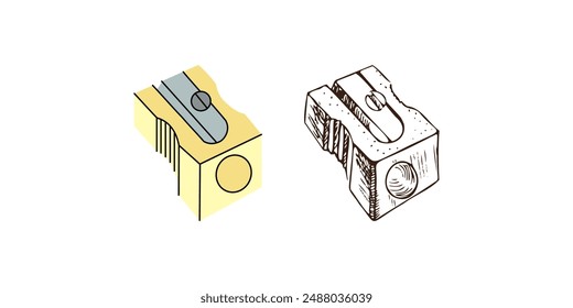 Vector hand-drawn school and office supplies Illustration. Detailed retro style and flat style  sharpener sketch. Vintage sketch element. Back to School. School essential illustration.