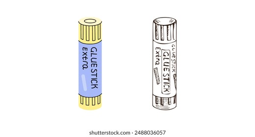 Vector hand-drawn school and office supplies Illustration. Detailed retro style and flat style  glue stick sketch. Vintage sketch element. Back to School. School essential illustration.	