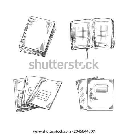 Vector hand-drawn school and office supplies Illustration set. Detailed retro style notepads and notebooks sketch. Vintage sketch element. Back to School. School essential illustration.