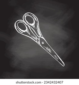 Vector hand-drawn school and office tools Illustration. Detailed retro style scissors sketch on chalkboard background. Vintage sketch element. Back to School. 