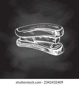Escuelas y herramientas de oficina extraídas a mano por vectores Ilustración. Esbozo detallado de grapadora de estilo retro en el fondo de la pizarra. Esbozo vintage. De vuelta a la escuela. 