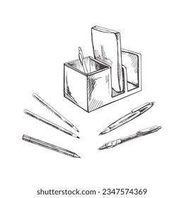 Escuelas y herramientas de oficina dibujadas a mano por vectores Juego de ilustraciones. Caja de plástico de estilo retro con papel y boceto de herramientas de escritura. Esbozo vintage. De vuelta a la escuela.