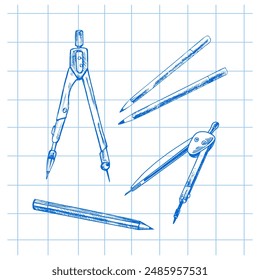 Vektorgrafik Handgezeichnete Schule und Bürowerkzeuge Illustration Set. Detaillierte Retro-Stil Architekten Kompasse und Bleistifte Skizze. Klassisches Skizzenelement. Zurück zur Schule.