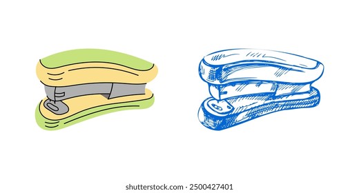 Vector hand-drawn school and office tools Illustration. Detailed retro style stapler sketch. Vintage sketch element. Back to School. 
