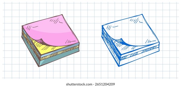 Vetor desenhado à mão escola e ferramentas de escritório Ilustração. Esboço detalhado de notas adesivas estilo retro. Elemento de esboço vintage. De volta à escola. 