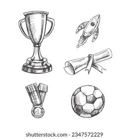 Vector hand-drawn school and sports competition Illustration set. Detailed retro style sport elements sketch. Vintage sketch element. Back to School.