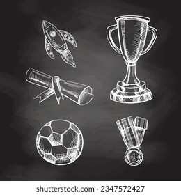 Vector hand-drawn school and sports competition Illustration set. Detailed retro style sport elements sketch on chalkboard background. Vintage sketch element. Back to School.