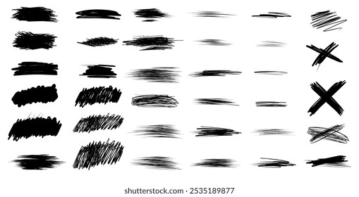 Texturas de rasguño dibujadas a mano de Vector para diseños de boletos de rasguño de lotería. Elementos de tarjetas de juego de casino Grunge en varias Formas. Texturas negras del garabato de la pincelada puestas contra un fondo blanco
