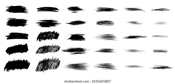 Vector hand-drawn scratch textures for lottery scratch-off ticket designs. Grunge casino gambling card elements in various shapes. Black brushstroke scribble textures set against a transparent backgro