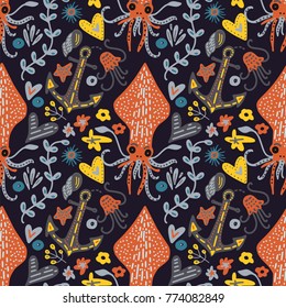  Vector handdrawn sea seamless pattern with various marine animals. Ornate summer illustration Ñ?Ñ?ÐµÑ? squids.