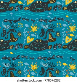  Vector handdrawn sea seamless pattern with various marine animals. Ornate summer illustration.