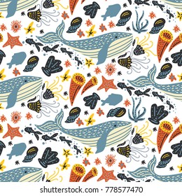  Vector handdrawn sea seamless pattern with various marine animals. Ornate summer illustration with dolphins, shells and corals.