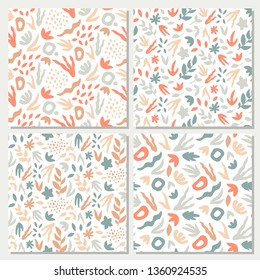 Vector hand-drawn seamless background set. Foliage seamless pattern collection. Leaves and abstract shapes in pastel colors.