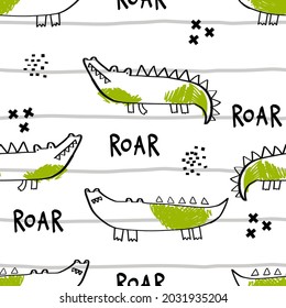 Vector hand-drawn seamless childish pattern with cute crocodile on a striped background. Kids texture for fabric, wrapping, textile, wallpaper, apparel. Alligator. Roar. Illustration.