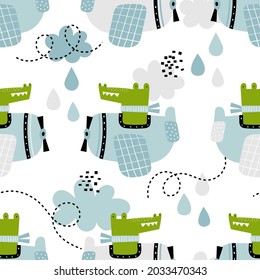 Vector hand-drawn seamless childish pattern with cute crocodile pilot on the plane on a white background. Kids texture for fabric, wrapping, textile, wallpaper, apparel. Alligator flying on a airplane